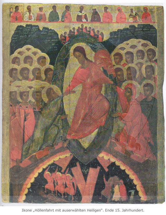 Ikone: Höllenfahrt mit auserwählten Heiligen. Ende 15. Jahrhundert.